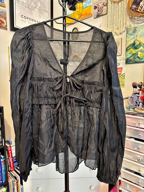 Sheer Ruched Blouse in Black Size Medium NWT